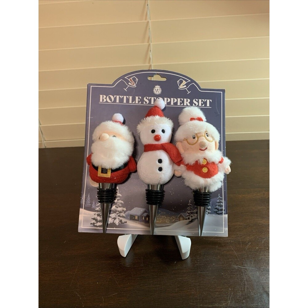 NEW NIB SET OF 3 WINE BOTTLE STOPPERS -- CHRISTMAS SANTA, MRS. CLAUS & SNOWMAN